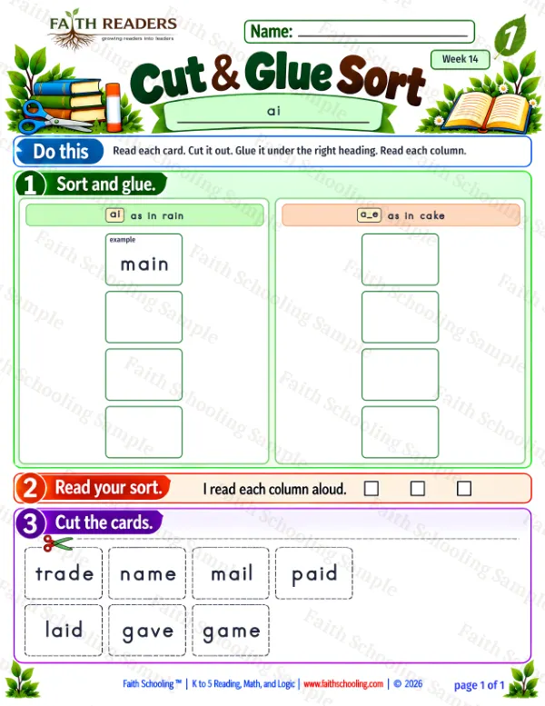 1st Grade phonics worksheet — Vowel Teams. Cut And Glue Sort 3: ai and a_e