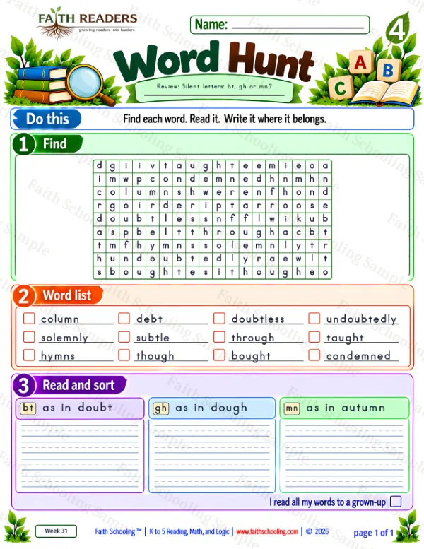 4th Grade phonics worksheet — Word Hunt 2: Silent B - bt