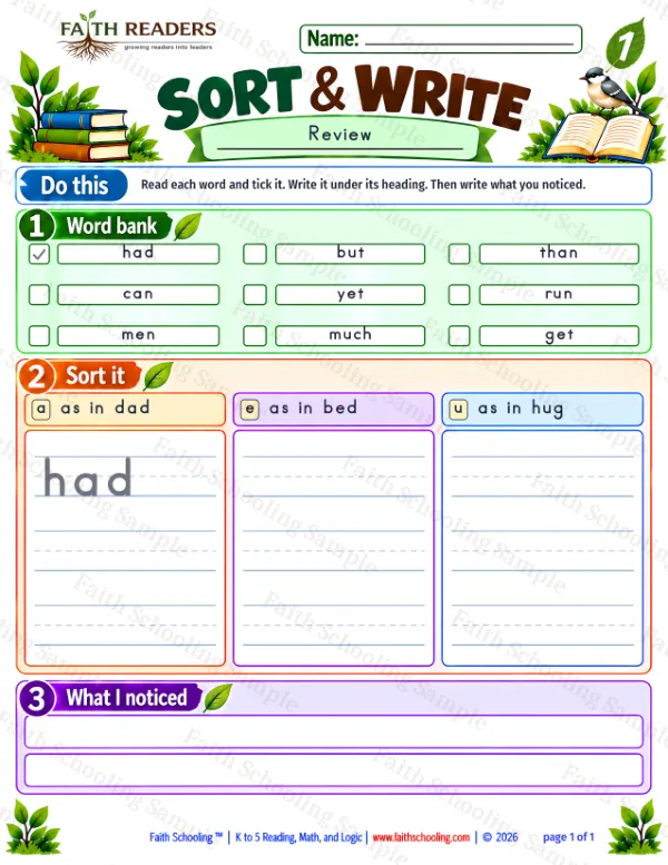1st Grade phonics worksheet — Rhyming & Word Families. Sort And Write 2: a, e and u