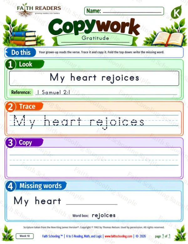 Kindergarten grammar & writing worksheet — Copywork 9: 1 Samuel 2:1 (Gratitude)