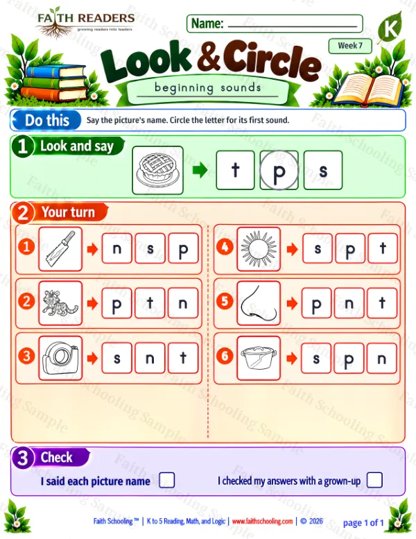 Kindergarten phonics worksheet — Beginning, Middle, and Ending Sounds. Look And Circle 1: saw, tiger, tape and sun (free printable)