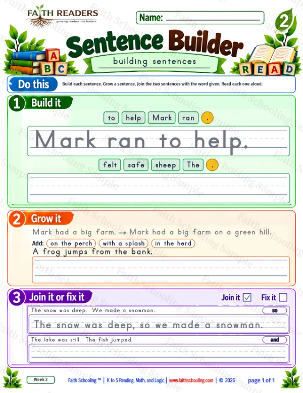 2nd Grade grammar & writing worksheet — Sentence Building. Sentence Builder 4: Mark ran to help.