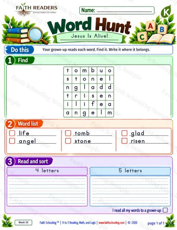 Kindergarten phonics worksheet — Faith Word Searches. Word Hunt 9: Jesus Is Alive! (Luke 24)