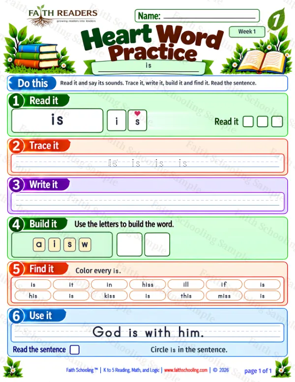 1st Grade phonics worksheet — Sight Words. Heart Word Practice 3: is