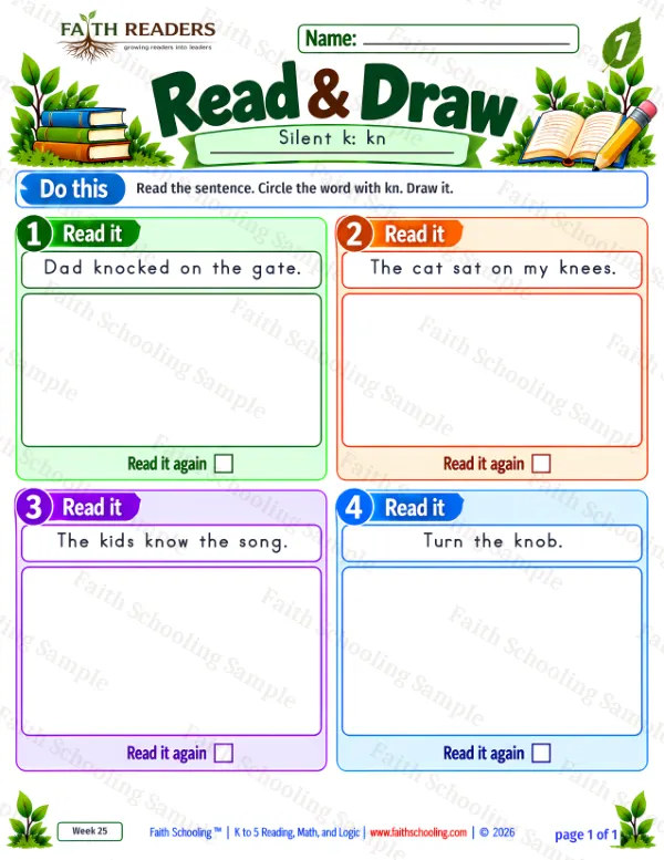 1st Grade phonics worksheet — Silent Letters: kn. Read And Draw 1: Dad knocked on the gate.