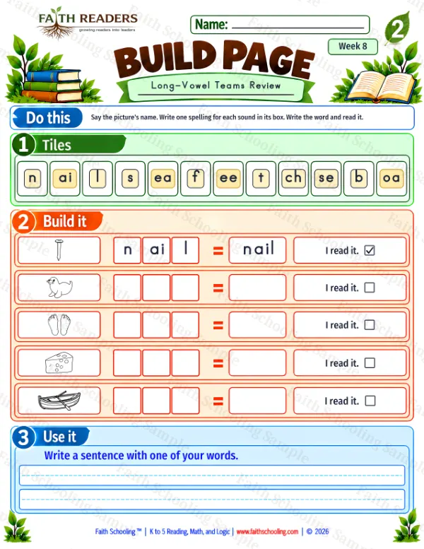 2nd Grade phonics worksheet — Word Building & Unscramble. Build 5: nail, seal, feet and cheese