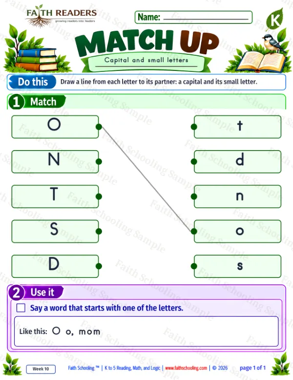 Kindergarten phonics worksheet — Uppercase & Lowercase Matching. Match Up 5: O, N, T and S
