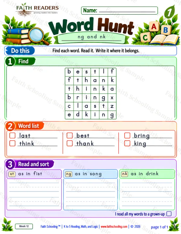 1st Grade phonics worksheet — The NG Sound. Word Hunt 1: st, ng and nk
