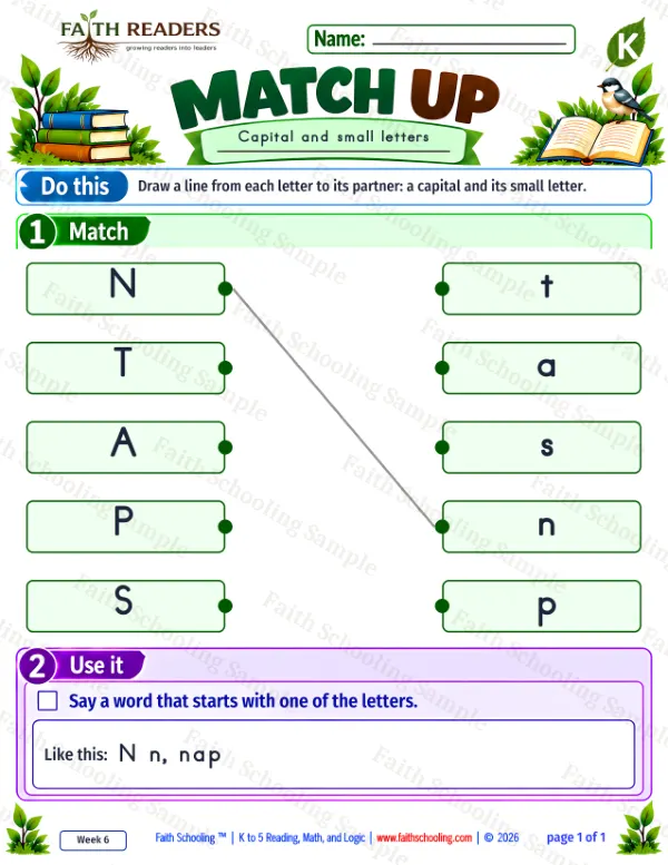 Kindergarten phonics worksheet — Uppercase & Lowercase Matching. Match Up 1: N, T, A and P (free printable)