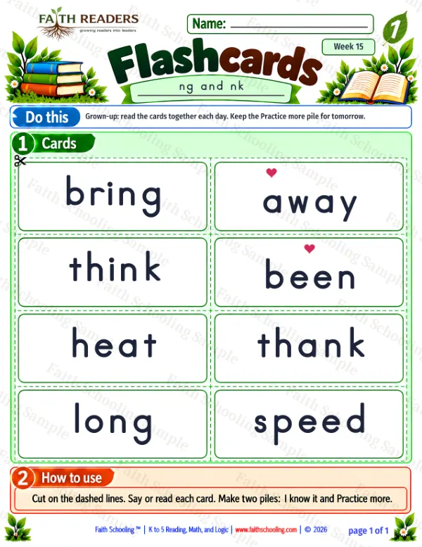 1st Grade phonics worksheet — The NG Sound. Flashcards 1: long, think, bring and thank