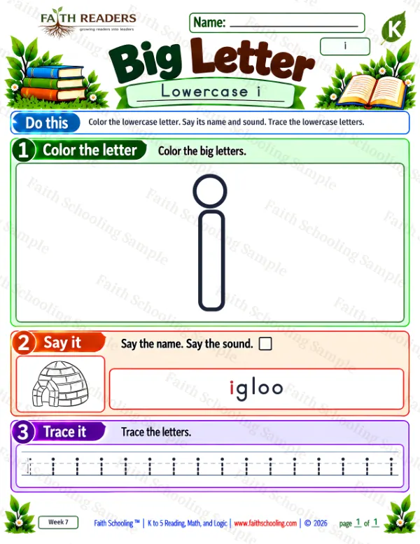 Kindergarten phonics worksheet — Lowercase Letters. Big Letter 6: the letter i (igloo)