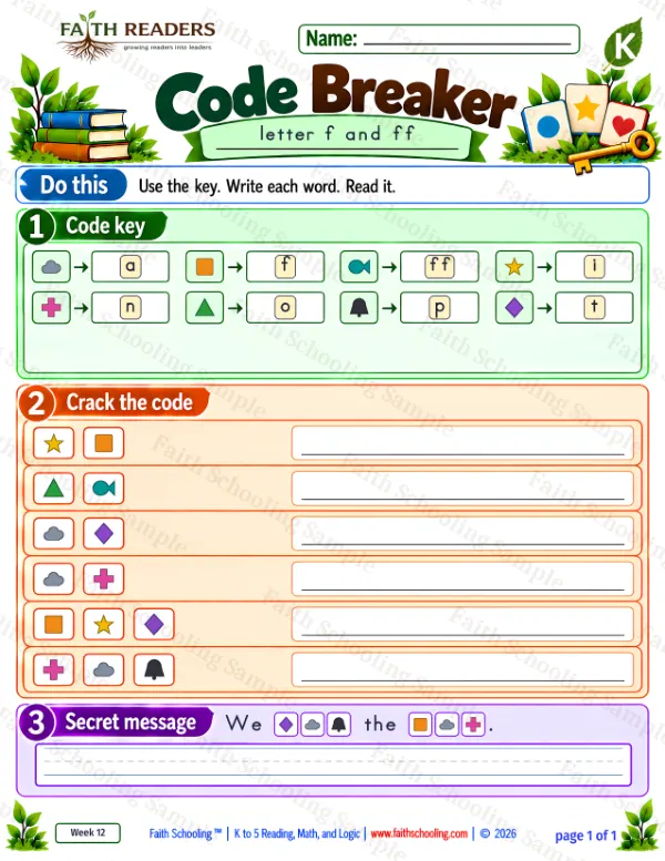 Kindergarten phonics worksheet — Double Consonants. Code Breaker 2: if, off, at and an