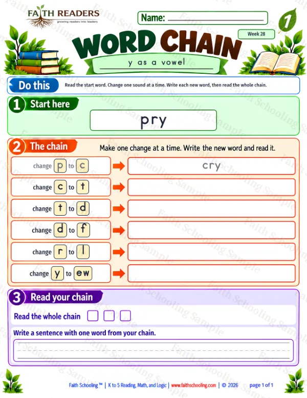 1st Grade phonics worksheet — Y as a Vowel. Word Chain 1: pry to flew