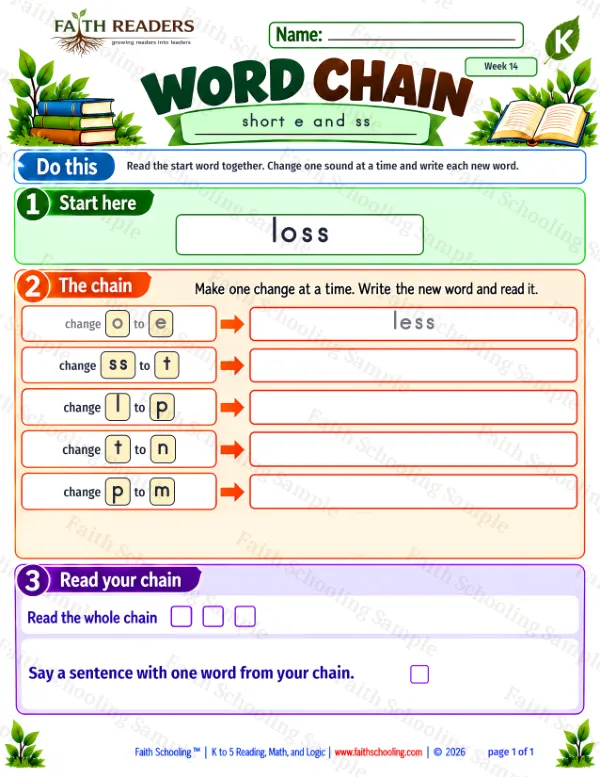 Kindergarten phonics worksheet — Short E. Word Chain 3: loss to men