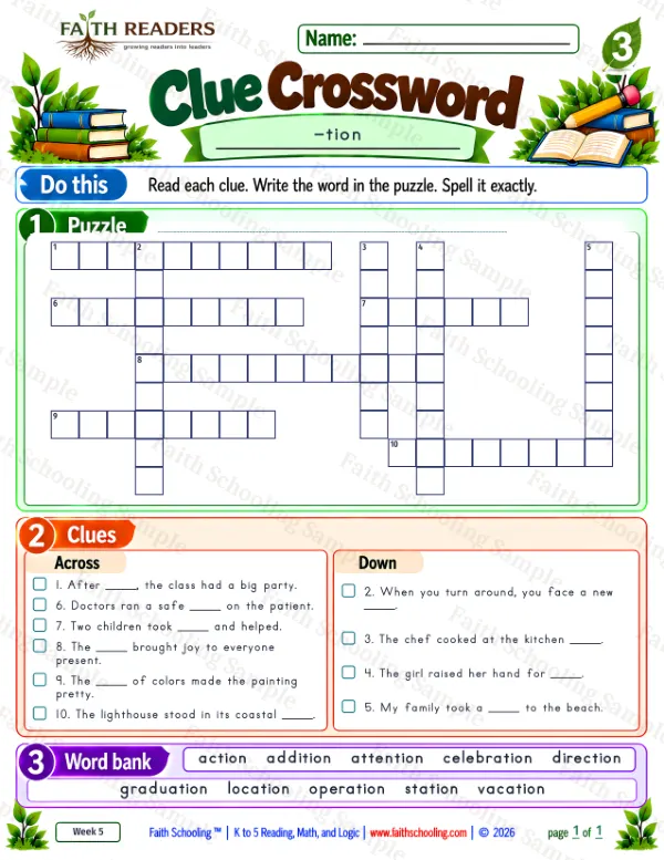 3rd Grade phonics worksheet — Word Games & Puzzles. Clue Crossword 4: -tion