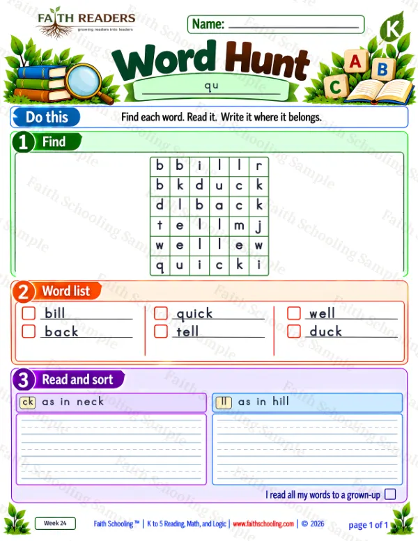 Kindergarten phonics worksheet — The QU Sound. Word Hunt 1: ck and ll