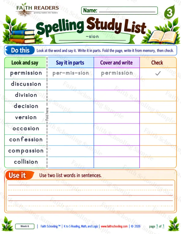 3rd Grade phonics worksheet — Spelling Study List 8: permission, discussion, division and decision