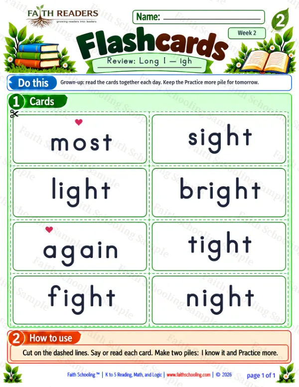 2nd Grade phonics worksheet — Flashcards 1: Long I — igh