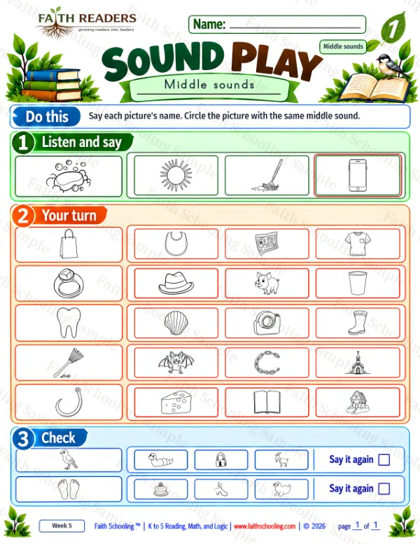 1st Grade phonics worksheet — Phonemic Awareness. Sound Play 5: bag, bat, bib and bird