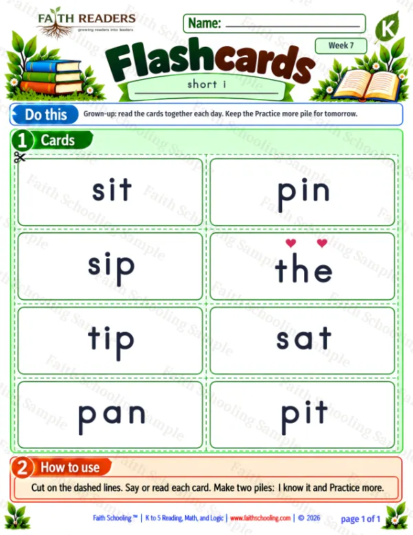 Kindergarten phonics worksheet — Short I. Flashcards 1: sit, tip, pin and sip