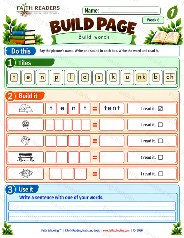 1st Grade phonics worksheet — Blends & Digraphs. Build 1: tent, plant, skunk and bench