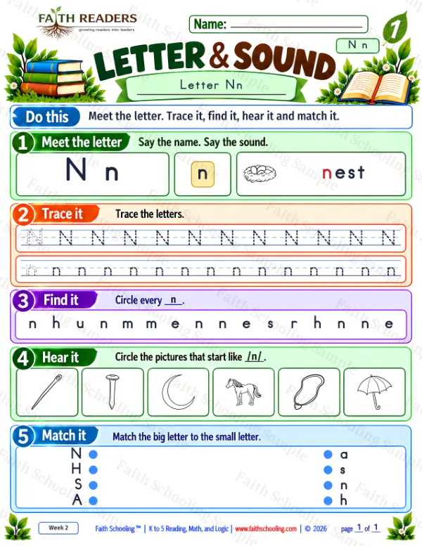 1st Grade phonics worksheet — Letter Recognition (b d p, m n h). Letter Sound 5: the letter n (nest)