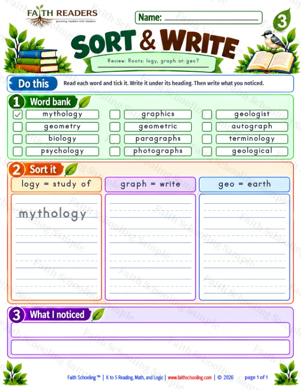 3rd Grade vocabulary & word study worksheet — Greek Root: -logy = the study of. Sort And Write 4: logy, graph and geo