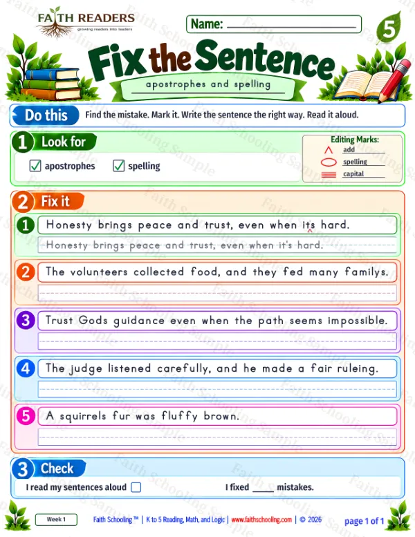 5th Grade grammar & writing worksheet — Edit and Repair. Fix The Sentence 1: apostrophes and spelling (free printable)