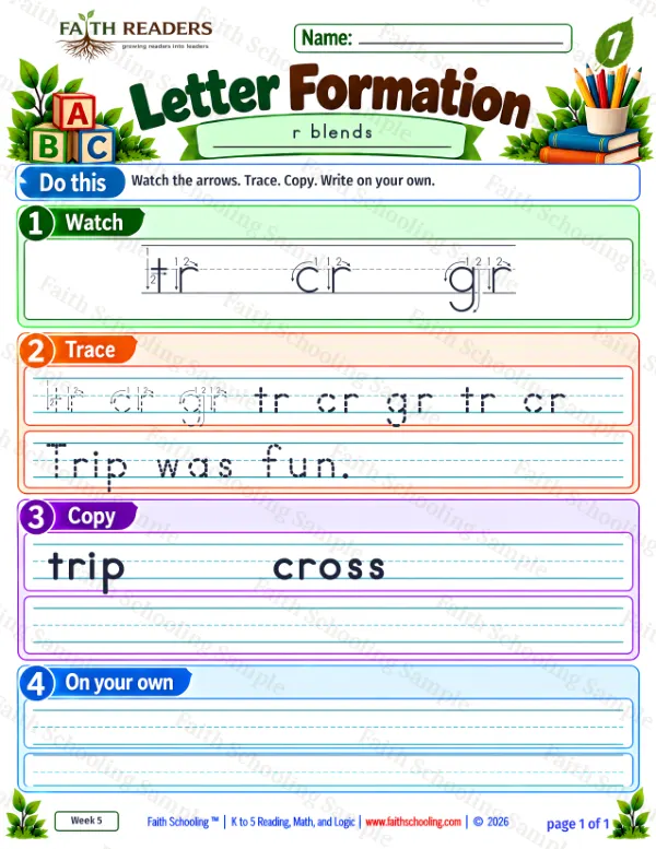 1st Grade grammar & writing worksheet — Letter Formation 5: tr, cr and gr