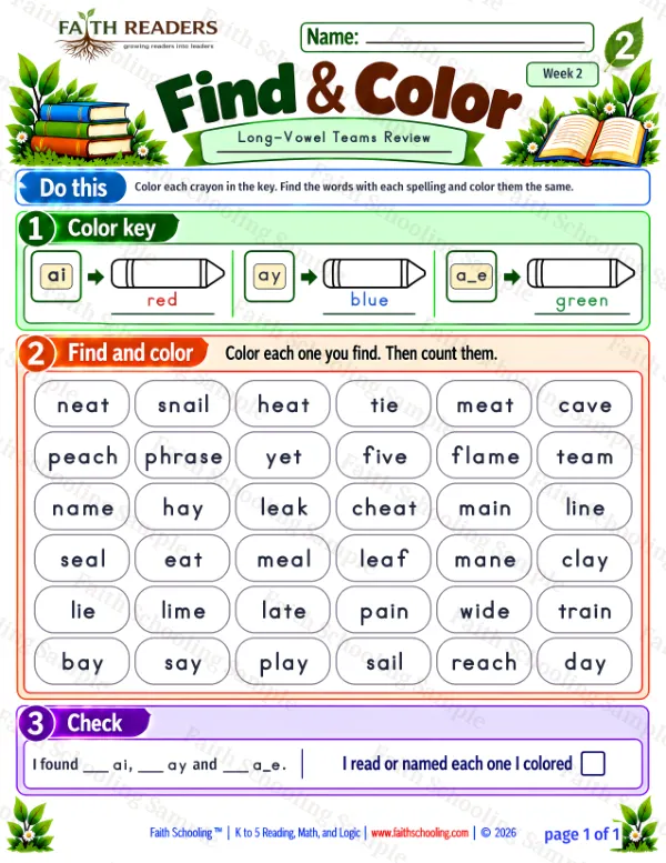 2nd Grade phonics worksheet — Find And Color 1: Long-Vowel Teams Review
