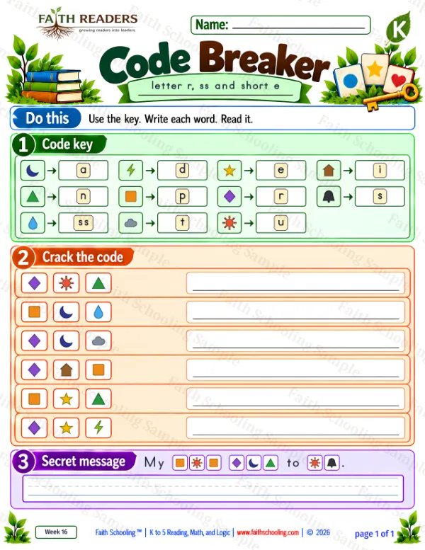 Kindergarten phonics worksheet — Word Games & Puzzles. Code Breaker 2: run, pass, rat and rip