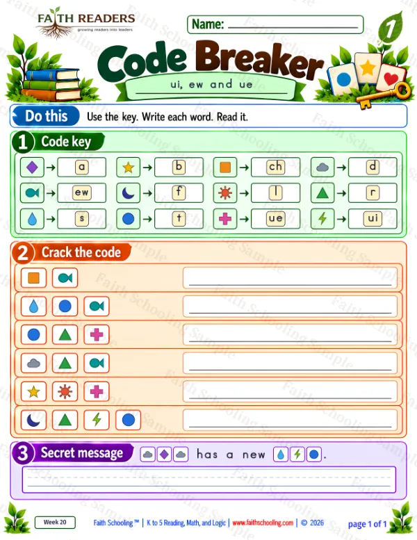 1st Grade phonics worksheet — Word Games & Puzzles. Code Breaker 3: chew, stew, true and drew