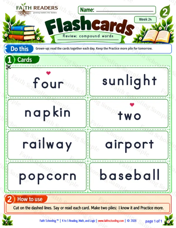 2nd Grade vocabulary & word study worksheet — Flashcards 2: compound words