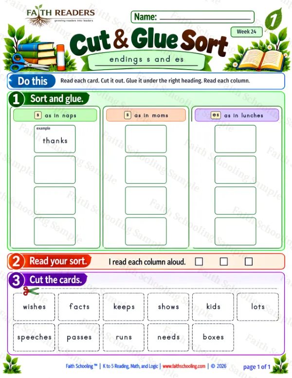 1st Grade phonics worksheet — Word Endings s, es, ed, ing, er, est. Cut And Glue Sort 3: naps, moms and lunches