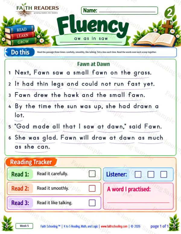 2nd Grade phonics worksheet — The AW & AU Sounds. Fluency 2: Next, Fawn saw a small fawn on the grass.