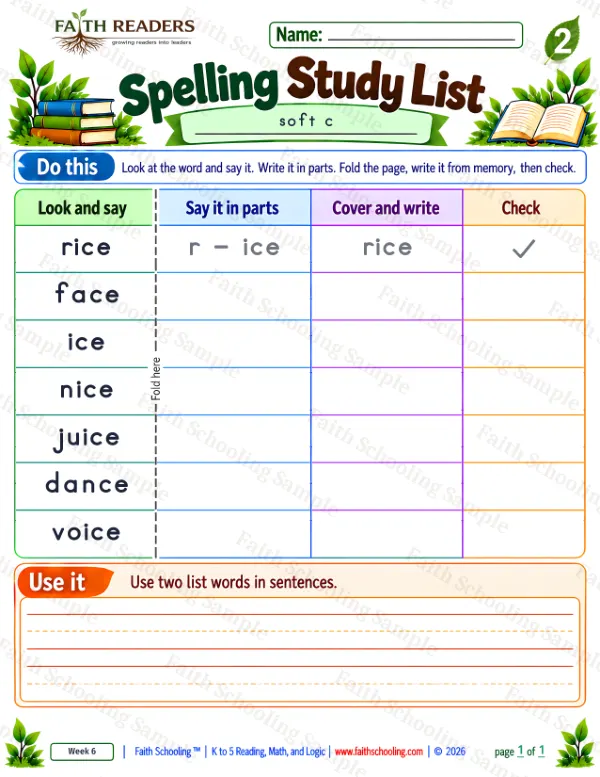 2nd Grade phonics worksheet — Spelling Study List 9: rice, face, ice and nice