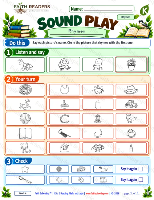 Kindergarten phonics worksheet — Phonemic Awareness. Sound Play 4: ant, bag, bat and bib