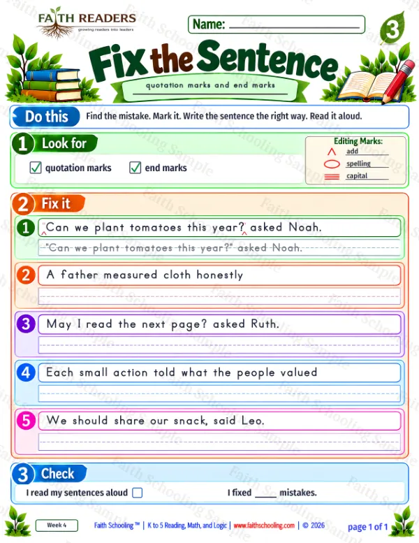 3rd Grade grammar & writing worksheet — Capitalization and Punctuation. Fix The Sentence 8: quotes and end marks
