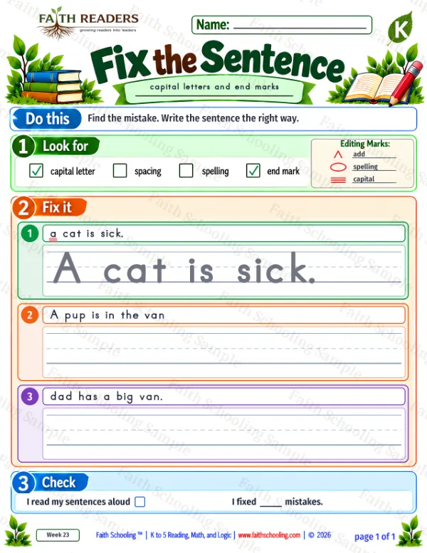 Kindergarten grammar & writing worksheet — Capitalization and Punctuation. Fix The Sentence 4: capital letters and end marks