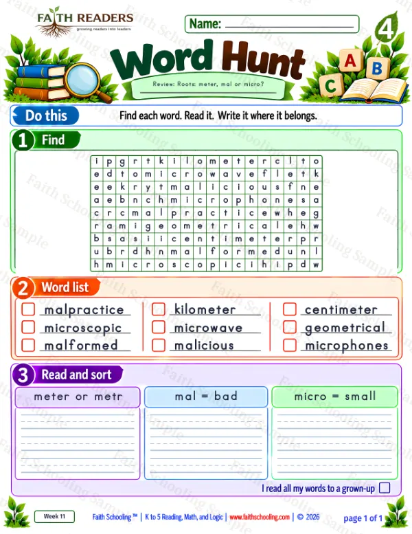 4th Grade vocabulary & word study worksheet — Greek Root: meter = measure. Word Hunt 2: meter or metr