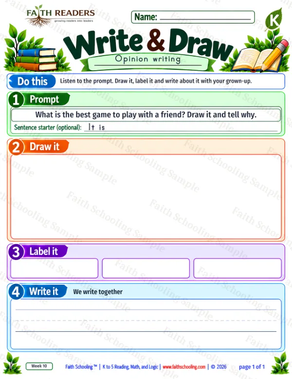 Kindergarten grammar & writing worksheet — Opinion Writing. Write And Draw 5: a favorite game (opinion)