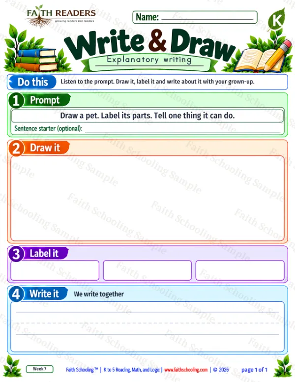 Kindergarten grammar & writing worksheet — Explanatory Writing. Write And Draw 4: pets (explain)