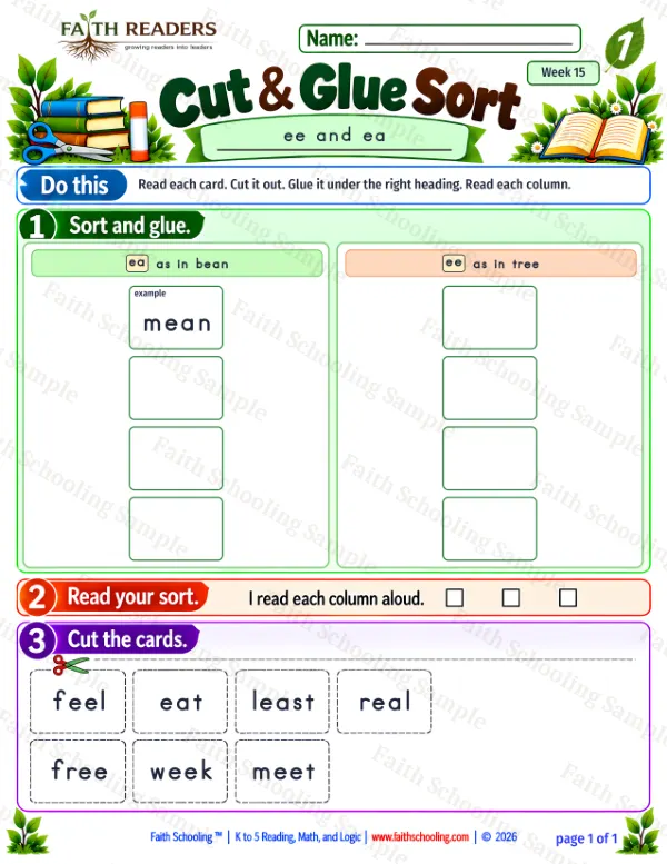 1st Grade phonics worksheet — Long E Teams. Cut And Glue Sort 2: ea and ee