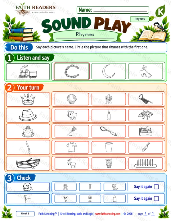 Kindergarten phonics worksheet — Phonemic Awareness. Sound Play 8: bag, bat, bed and boat