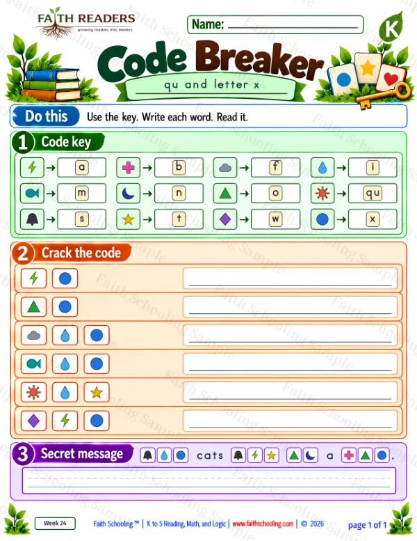 Kindergarten phonics worksheet — The QU Sound. Code Breaker 1: ax, ox, fix and mix