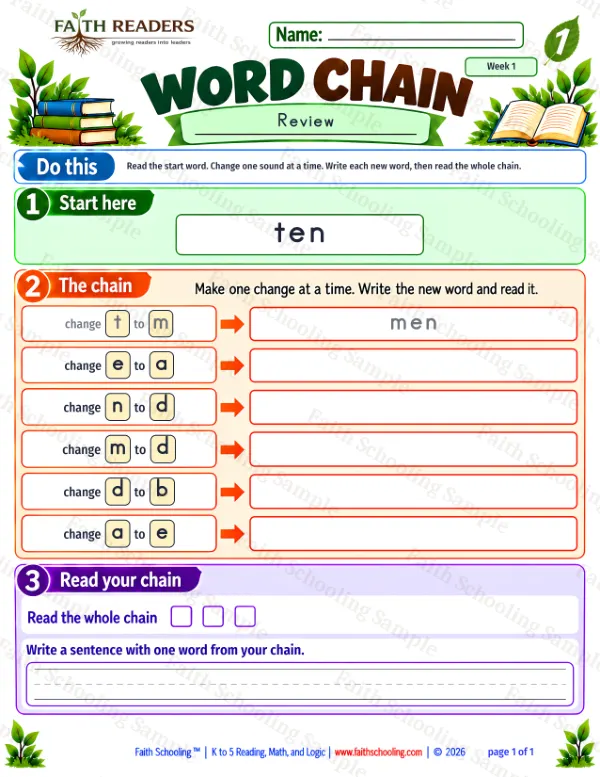 1st Grade phonics worksheet — Rhyming & Word Families. Word Chain 2: ten to bed