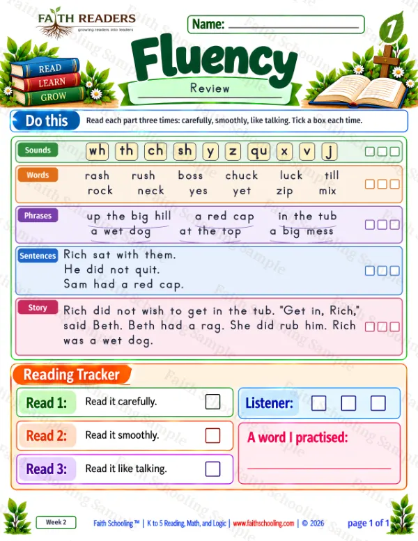 1st Grade phonics worksheet — Two Letters, One Sound. Fluency 2: rash, rush, boss and chuck