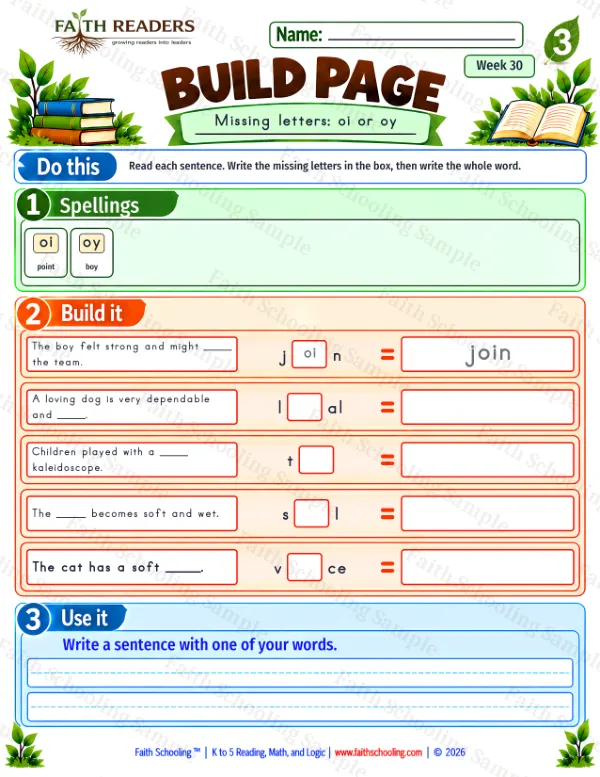 3rd Grade phonics worksheet — Vowel Sounds. Build 7: oi or oy