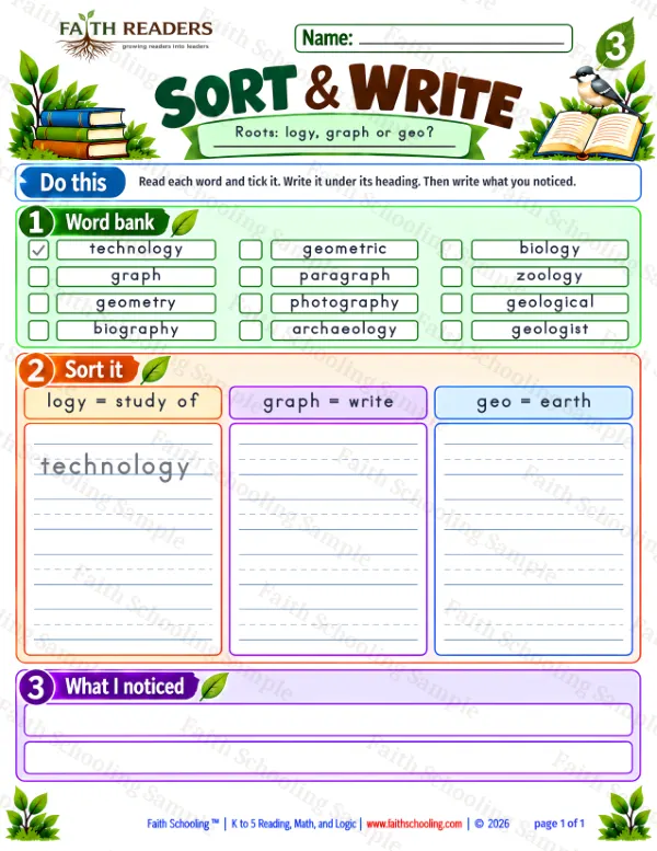 Grade 3 vocabulary worksheet: Greek Root: -logy = the study of, free printable page