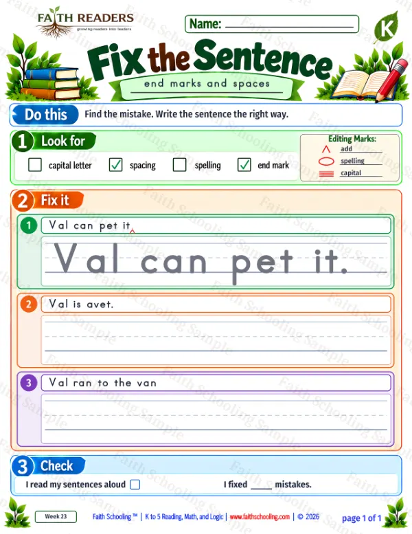Kindergarten grammar & writing worksheet — Edit and Repair. Fix The Sentence 8: end marks and space